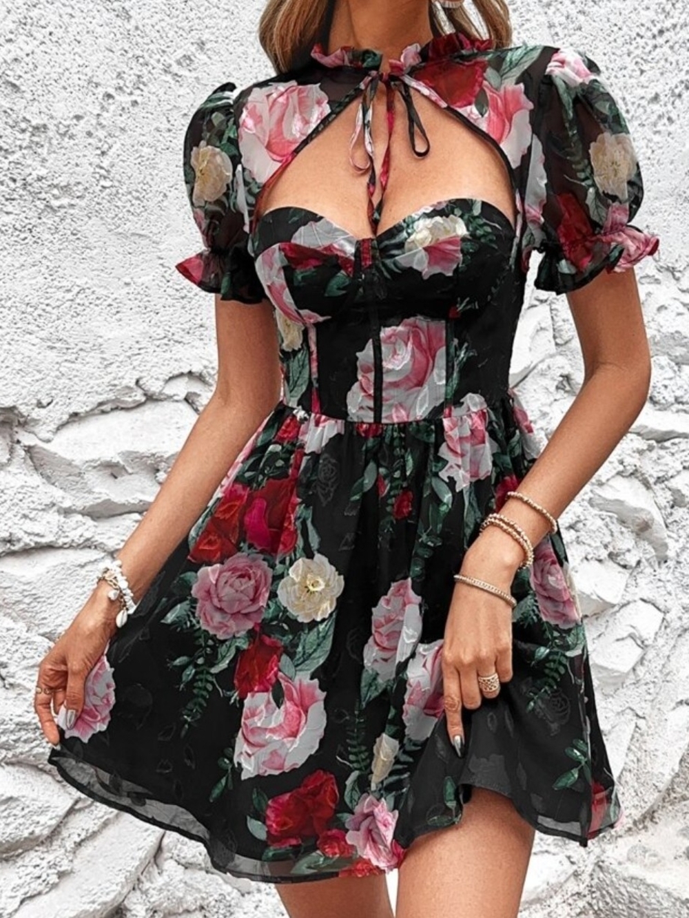 SHEIN Black Floral Cutout Mini Dress with Pink and Red Roses